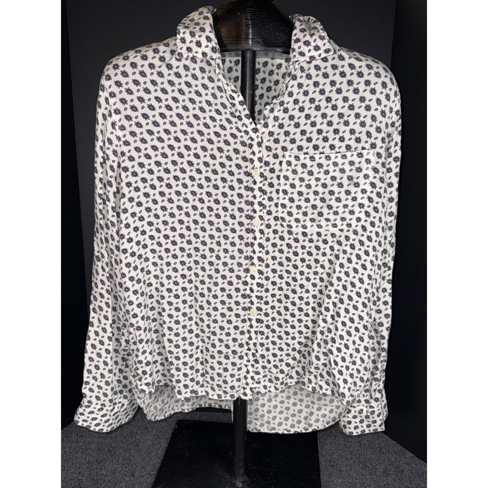Velvet Heart Womens Medium White Navy Floral Paisley Button Down Shirt LS